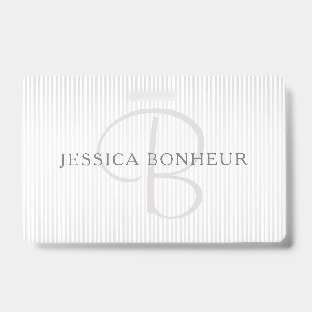 Elegant Name Monogram & Thin Grey Ombre Stripes ID Badge (Front)
