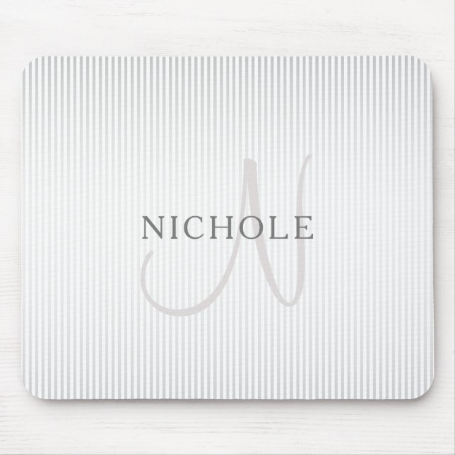 Elegant Name Monogram & Thin Grey Ombre Stripes Mouse Pad (Front)