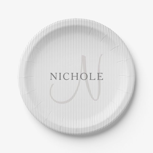 Elegant Name Monogram & Thin Grey Ombre Stripes Paper Plate (Front)