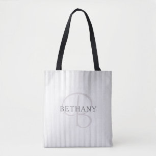 Elegant Name Monogram & Thin Grey Ombre Stripes Tote Bag