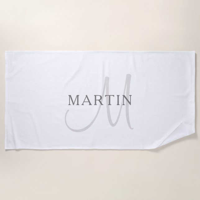 Elegant Name Monogram & White & Grey Beach Towel (Front)