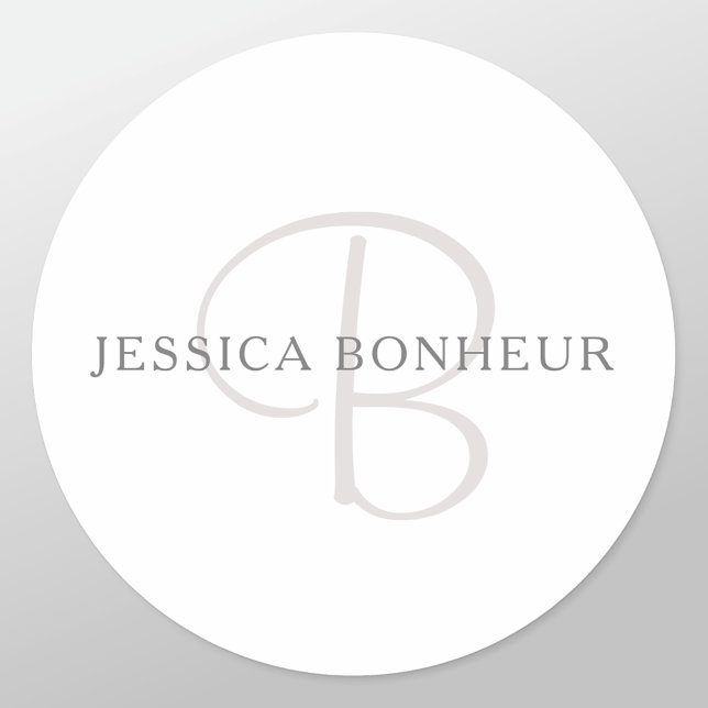 Elegant Name Monogram | White & Grey Classic Round Sticker (Creator Uploaded)