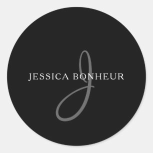 Elegant Name Monogram White & Grey Classic Round Sticker