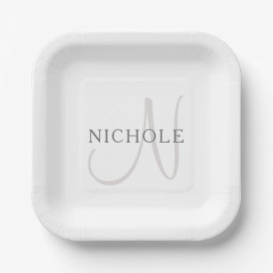 Elegant Name Monogram   White & Grey Paper Plate