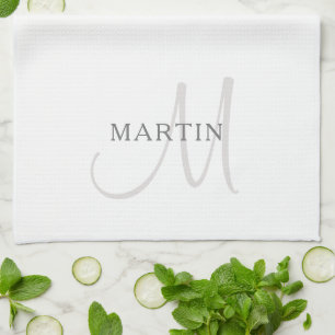 Elegant Name Monogram   White & Grey Tea Towel