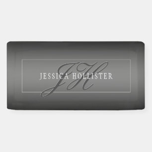 Elegant Name & Monogrammed Initials   Black & Grey Banner