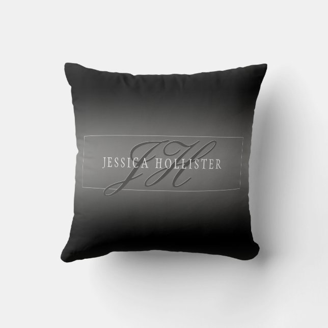 Elegant Name & Monogrammed Initials | Black & Grey Cushion (Back)