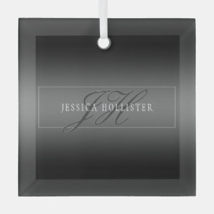 Elegant Name & Monogrammed Initials   Black & Grey Glass Tree Decoration