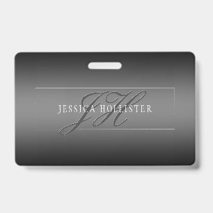 Elegant Name & Monogrammed Initials Black & Grey ID Badge