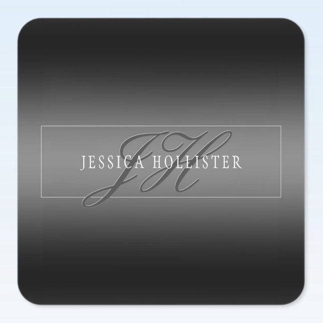 Elegant Name & Monogrammed Initials | Black & Grey Square Sticker (Creator Uploaded)