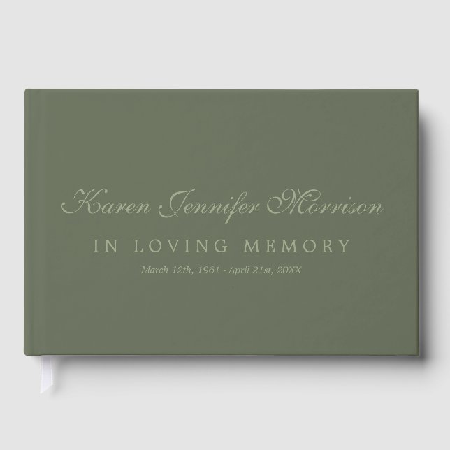 Elegant Name Script Olive Green In Loving Memory Guest Book (Front)