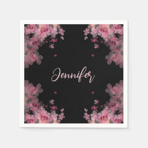 Elegant named watercolor magnolia floral black napkin