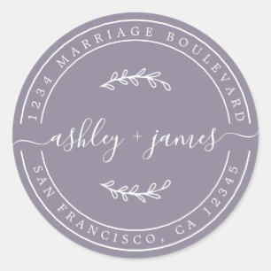 Elegant Names Ash Purple Wedding Return Address Classic Round Sticker