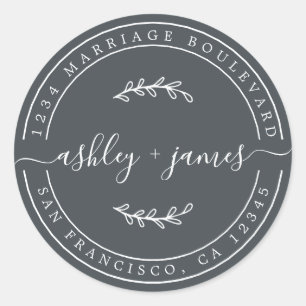 Elegant Names Black White Wedding Return Address Classic Round Sticker