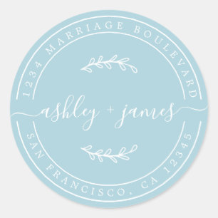 Elegant Names Blue Glow Wedding Return Address Classic Round Sticker