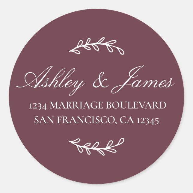 Elegant Names Burgundy Wedding Return Address Classic Round Sticker (Front)