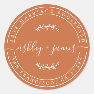 Elegant Names Burnt Orange Wedding Return Address Classic Round Sticker