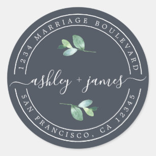 Elegant Names Foliage Blue Wedding Return Address Classic Round Sticker