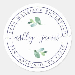 Elegant Names Foliage Wedding Return Address Classic Round Sticker