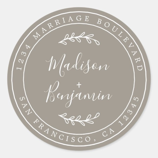 Elegant Names Grey Wedding Return Address Classic Round Sticker (Front)