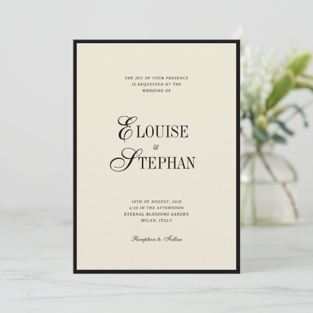 Elegant Names Ivory and Black Old Money Wedding Invitation (Standing Front)