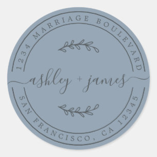Elegant Names Pastel Blue Wedding Return Address Classic Round Sticker