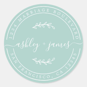 Elegant Names Pastel Blue Wedding Return Address Classic Round Sticker