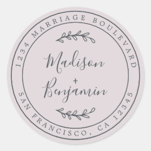 Elegant Names Pastel Purple Wedding Return Address Classic Round Sticker