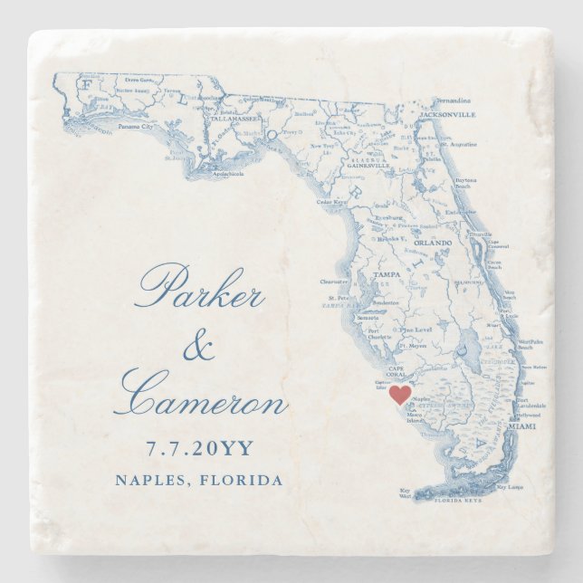 Elegant Naples Florida Map Wedding Keepsake Stone Coaster (Front)