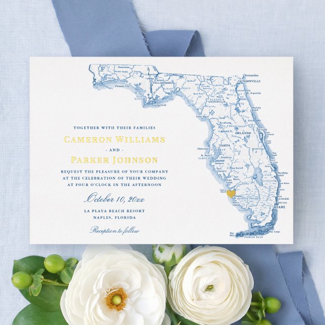 Elegant Naples Florida Wedding Navy and Gold (Elegant Gold Foil Florida Wedding invitation with heart over Naples from Coastal Map Designs)
