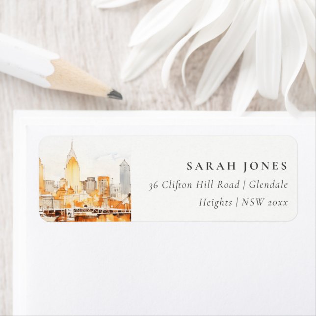 Elegant Nashville City Skyline Watercolor Address (Insitu)