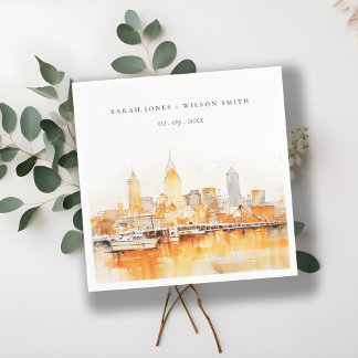 Elegant Nashville City Skyline Watercolor Wedding Napkin