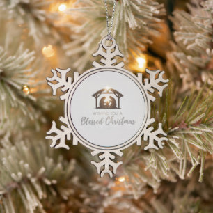 Elegant Nativity Scene Christmas Card Snowflake Pewter Christmas Ornament