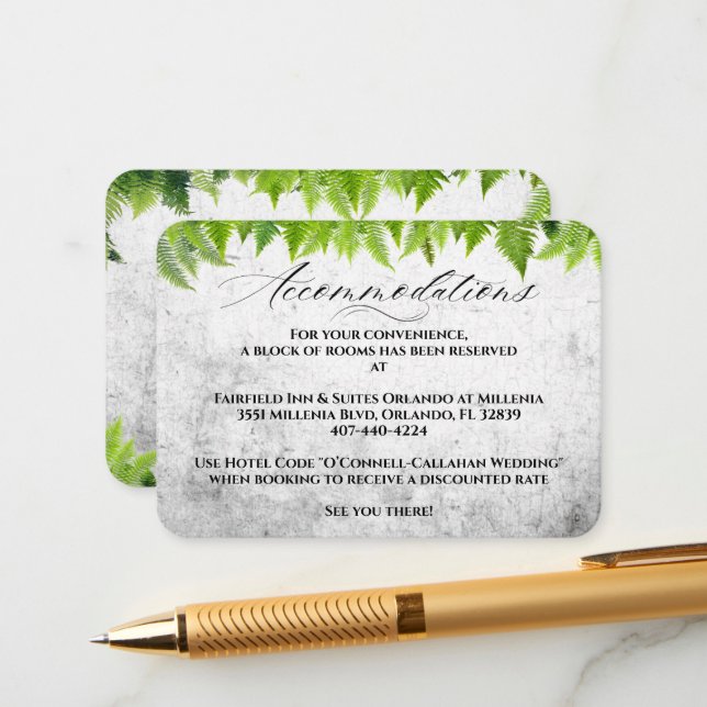 Elegant Natural Ferns Wedding Accommodation Enclosure Card (Front/Back In Situ)