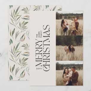 Elegant natural foliage modern minimal multi photo holiday card