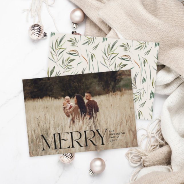 Elegant natural foliage modern minimal photo holiday card (Creator Uploaded)