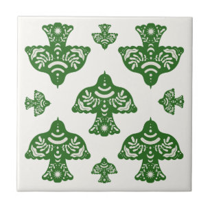 Elegant natural greenery folk art birds Italian Tile