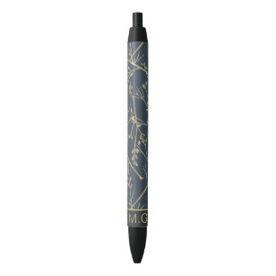 Elegant Nature Branches Pattern Blue Monogram Black Ink Pen