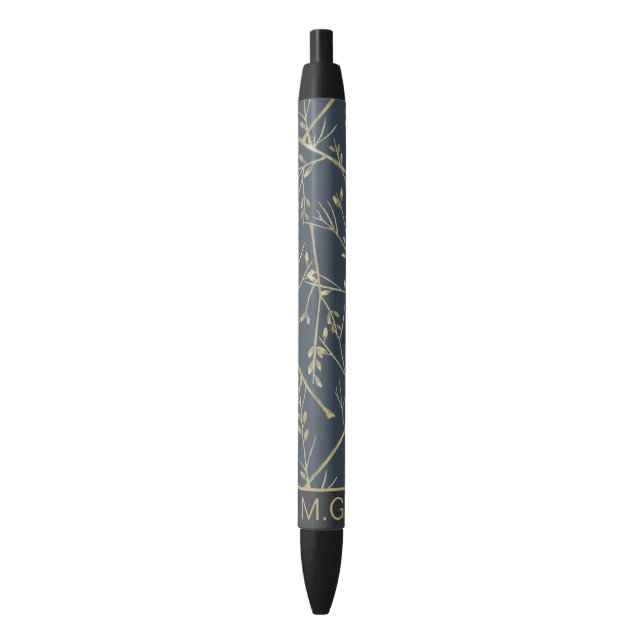 Elegant Nature Branches Pattern Blue Monogram Black Ink Pen (Front Vertical)