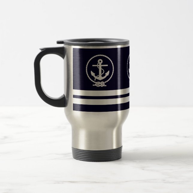 Elegant Nautical Anchor and Stripe Pattern Travel Mug (Left)