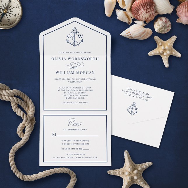 Elegant Nautical Anchor Monogram Frame Wedding All In One Invitation (Creator Uploaded)
