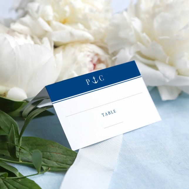 Elegant Nautical Anchor Monogram Navy Blue  Place Card (Elegant Nautical Navy Blue Anchor place card with minimal monogram by Coastal Map Designs)