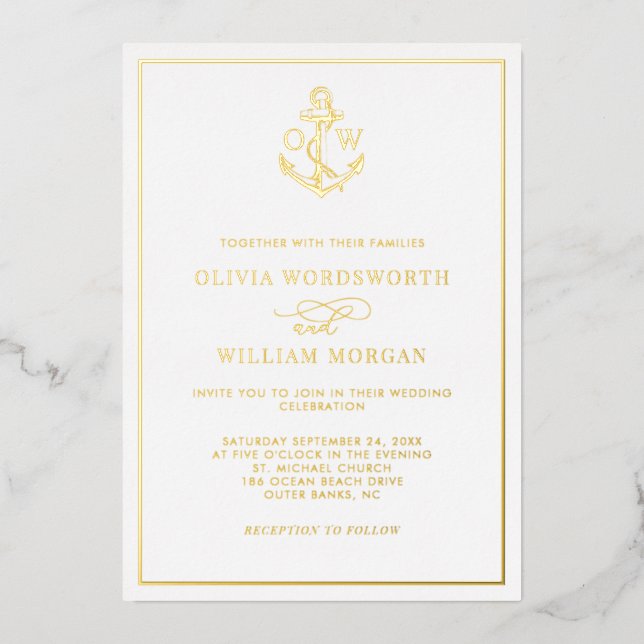 Elegant Nautical Anchor Monogram Wedding All Gold  (Front)