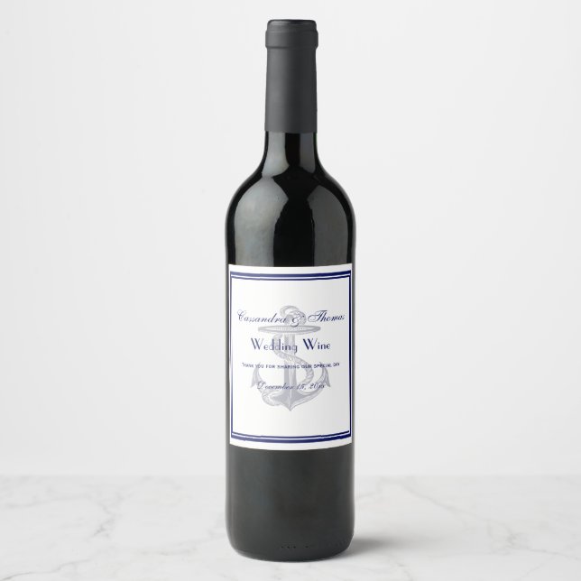 Elegant Nautical Anchor Navy Blue Framed Wine Label (Front)