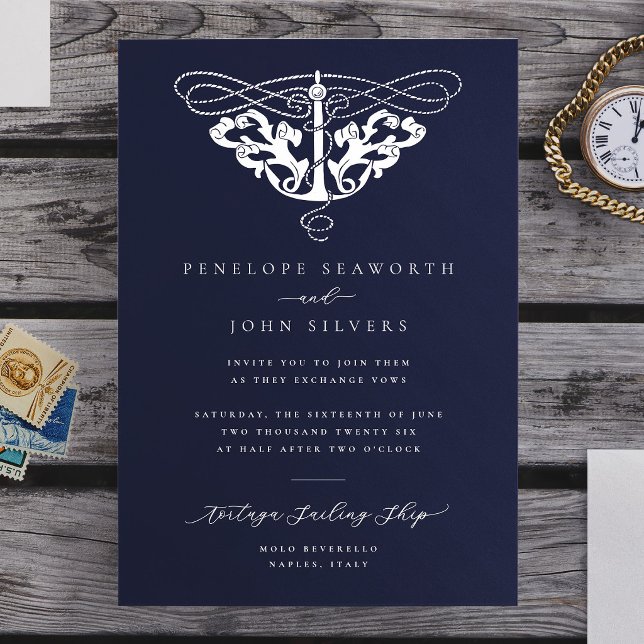 Elegant Nautical Anchor Navy Blue Wedding Invitation (Elegant Nautical Anchor Navy Blue Wedding Invitation)
