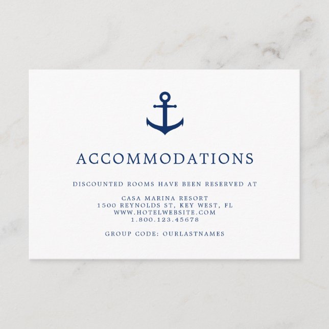 Elegant Nautical Anchor Wedding Accommodations Enclosure Card (Front)