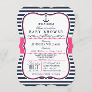Elegant Nautical Baby Shower Invite; Navy and Pink Invitation