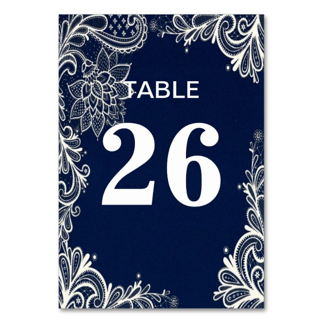 elegant nautical beach white lace navy blue table number (Front)