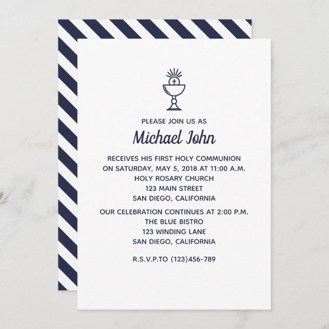 Elegant Nautical Blue boy First Communion Invitation (Front/Back)
