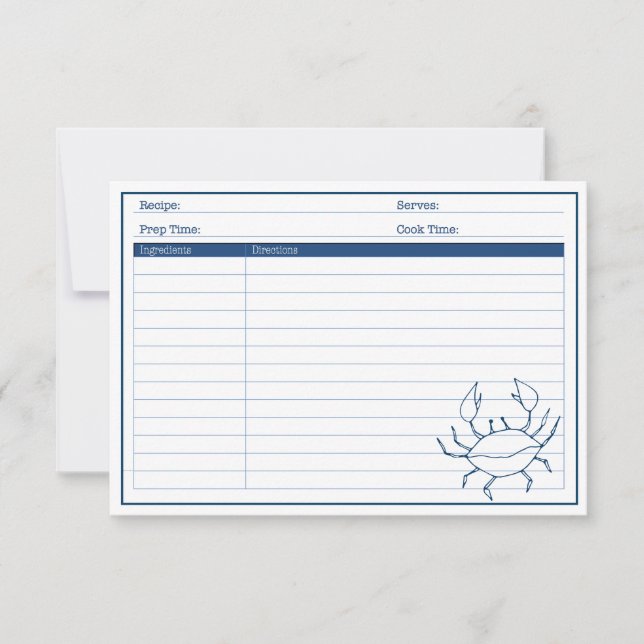 Elegant Nautical Blue Crab Seafood Recipe Card (Front)